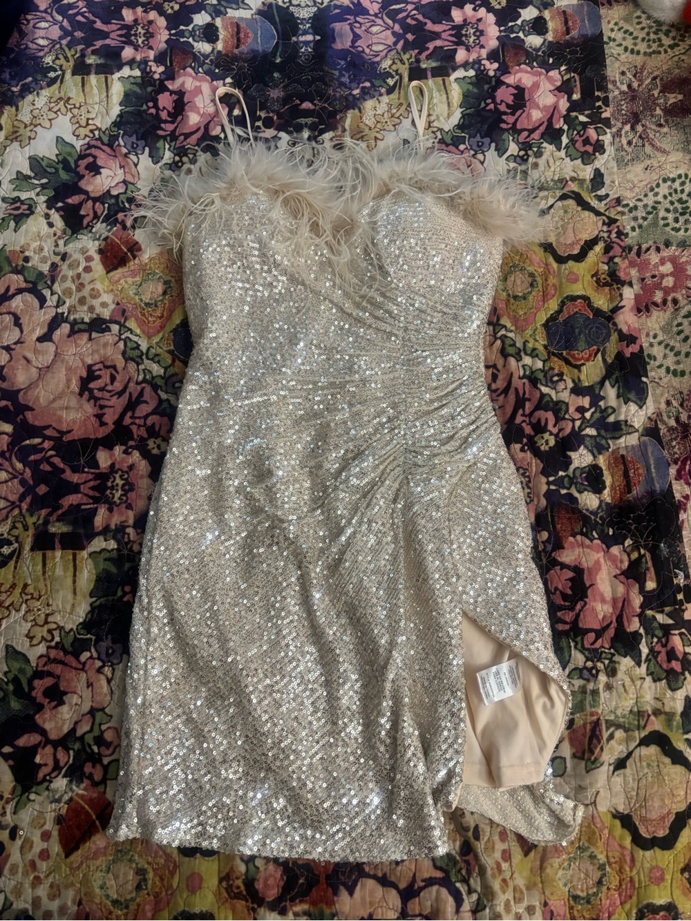 Sequin Feather Trim Mini Dress - Champagne Sparkle